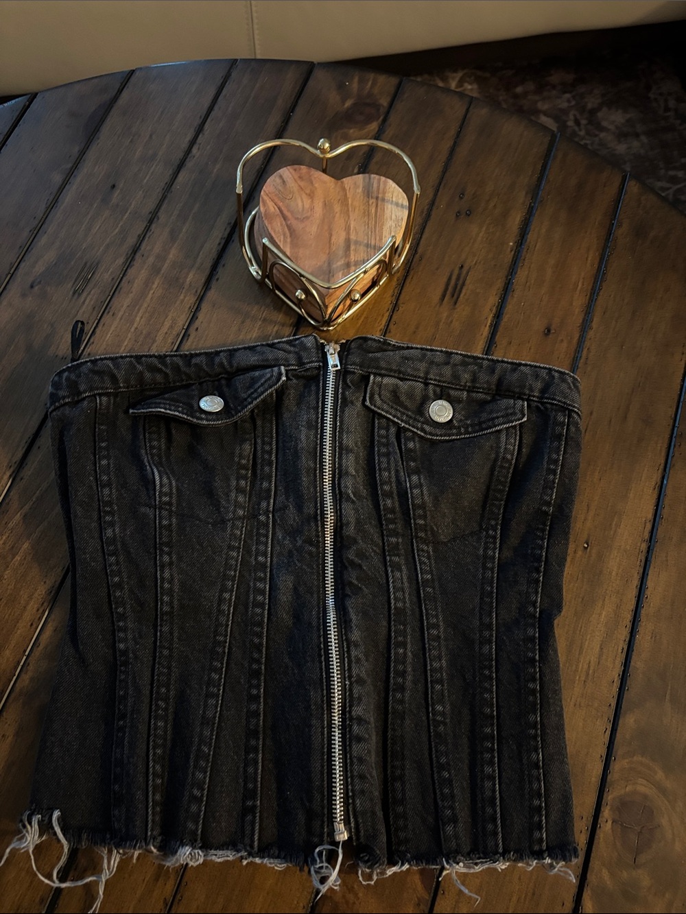Zara Black Strapless Denim Corset Top with Front Zip